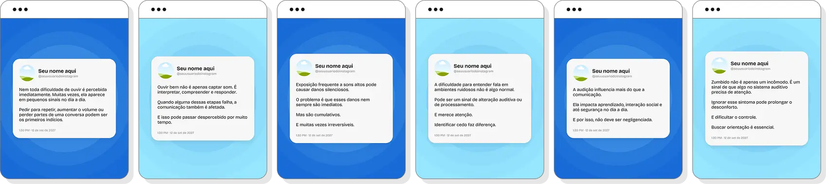 Pack de posts para Instagram audiologia com artes editáveis sobre saúde auditiva e cuidados