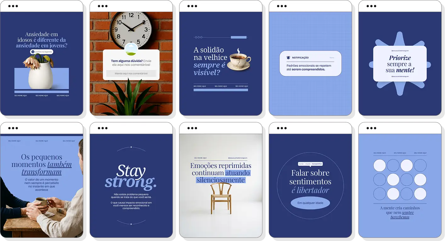 Pack de posts editáveis psicologia com foco em saúde mental, terapia e desenvolvimento emocional