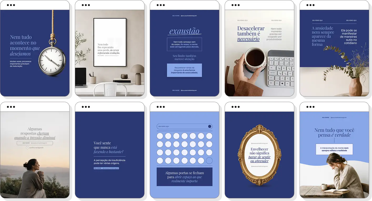Pack Canva psicologia com posts editáveis para Instagram de terapia, autoconhecimento e saúde emocional