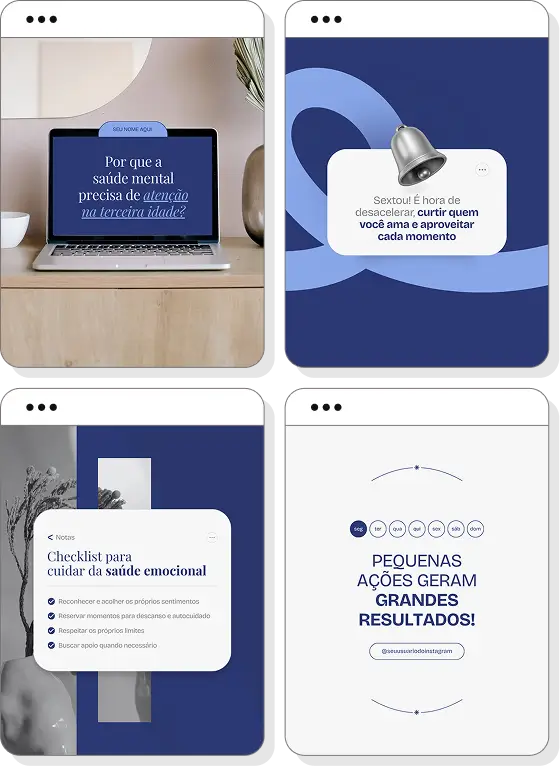 Pack Canva psicologia com ideias de posts para perfil de Instagram sobre emoções e autoconhecimento