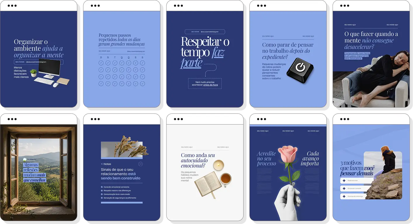 Pack de posts para psicologia com templates no Canva para Instagram sobre saúde mental, emoções e autoconhecimento