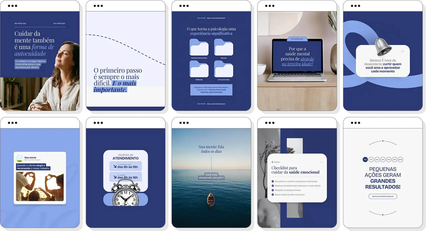 Pack social media psicologia com conteúdos para Instagram de saúde mental e terapia psicológica