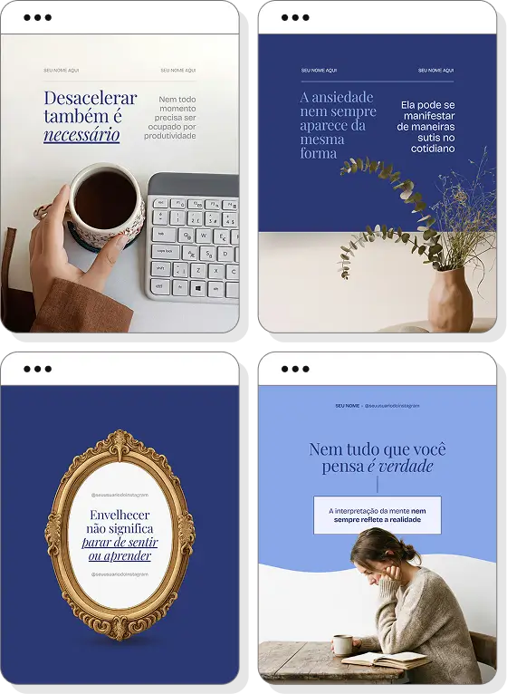 Pack de posts para Instagram psicologia com artes editáveis sobre ansiedade, emoções e comportamento