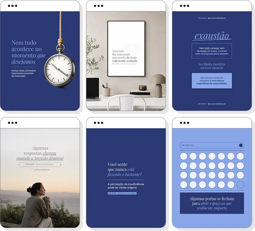 Posts para perfil de psicologia no Instagram com templates Canva sobre terapia e saúde mental