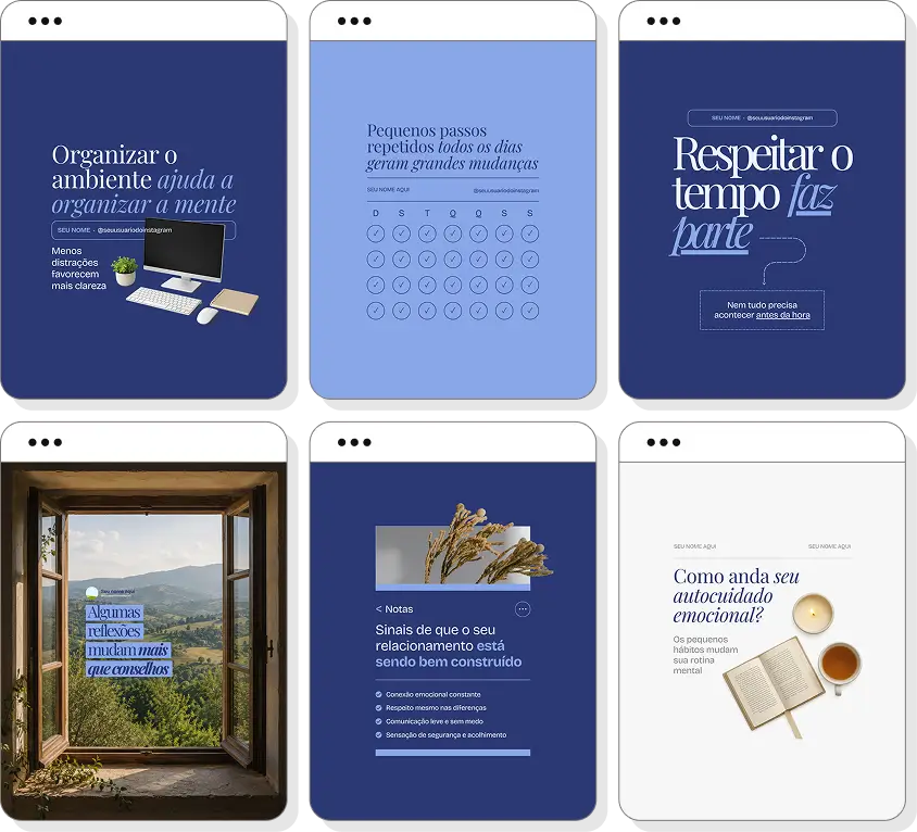 Pack Canva psicologia com posts editáveis para Instagram de terapia, saúde emocional e desenvolvimento pessoal