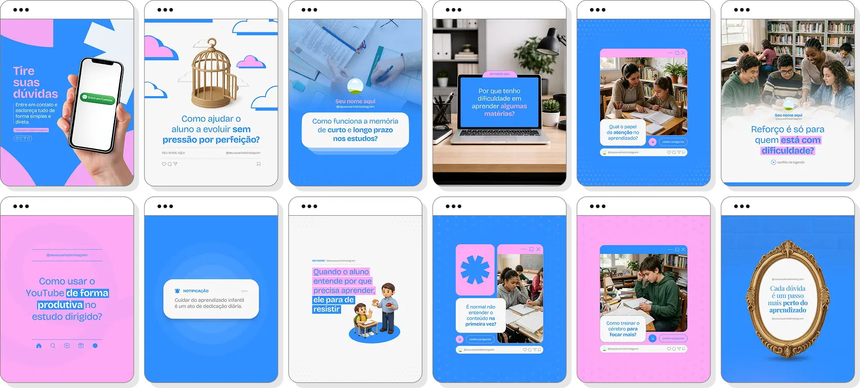 Posts para reforço escolar com ideias de conteúdo para Instagram sobre educação e desempenho escolar