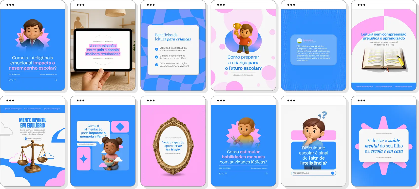 Pack Canva reforço escolar com posts editáveis para Instagram de apoio pedagógico e aprendizagem