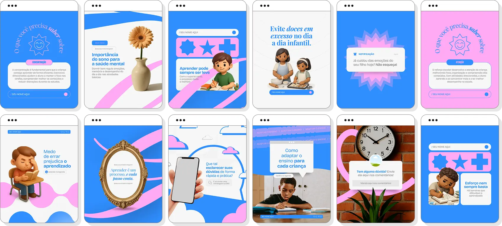 Pack de posts editáveis reforço escolar com foco em aprendizagem, estudos e desenvolvimento escolar