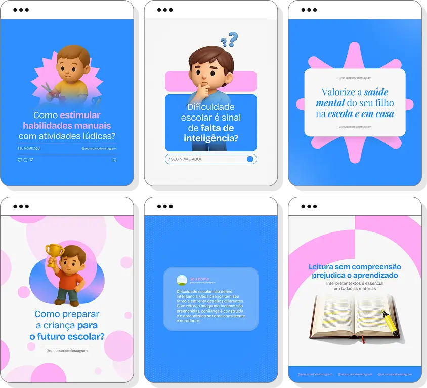 Pack de posts para Instagram reforço escolar com artes editáveis sobre aprendizagem e ensino