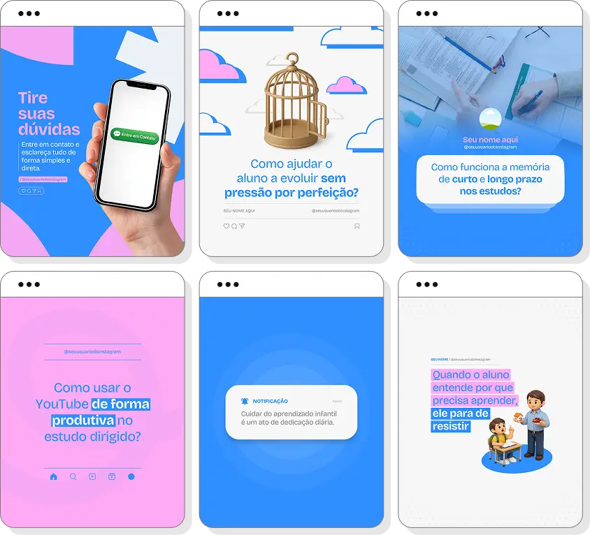 Pack Canva reforço escolar com ideias de posts para perfil de Instagram sobre aprendizagem escolar