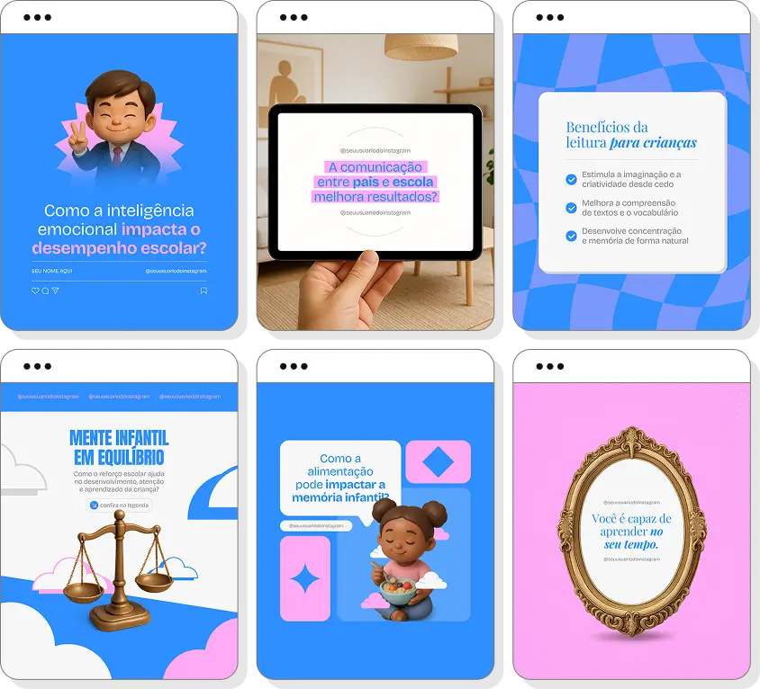 Pack social media reforço escolar com conteúdos para Instagram de educação e desempenho escolar