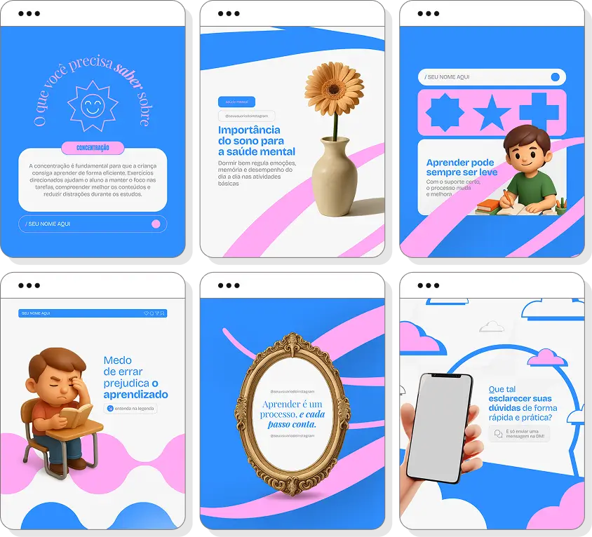 Posts para perfil de reforço escolar no Instagram com templates Canva sobre educação e estudos