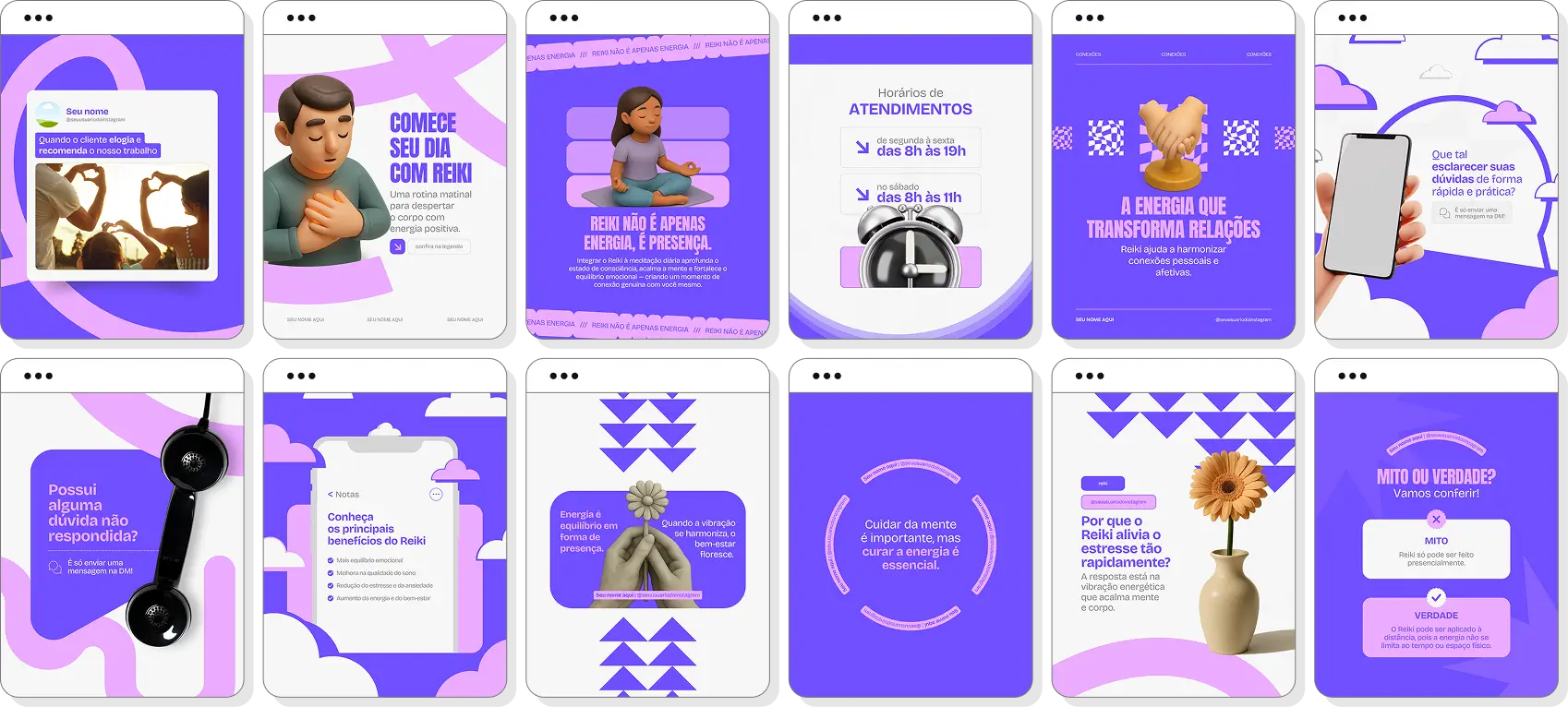 Social media reiki com pack de posts para Instagram de energia, bem-estar e harmonia interior