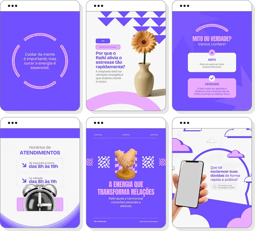 Pack de posts editáveis reiki com foco em equilíbrio energético, relaxamento e qualidade de vida