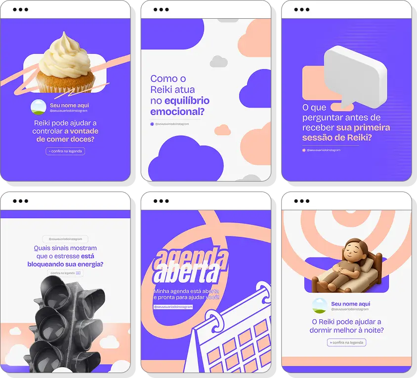 Posts para perfil de reiki no Instagram com templates Canva sobre bem-estar e autoconhecimento