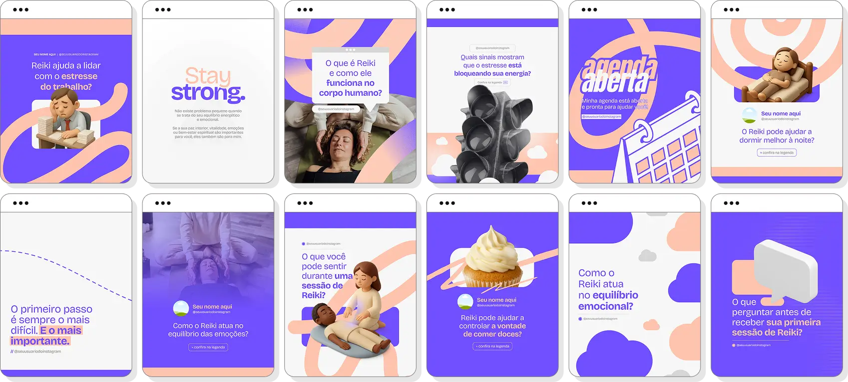 Pack social media reiki com conteúdos para Instagram de harmonia, energia e bem-estar emocional