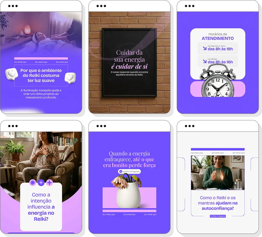 Pack Canva reiki com ideias de posts para perfil de Instagram sobre equilíbrio e energia vital
