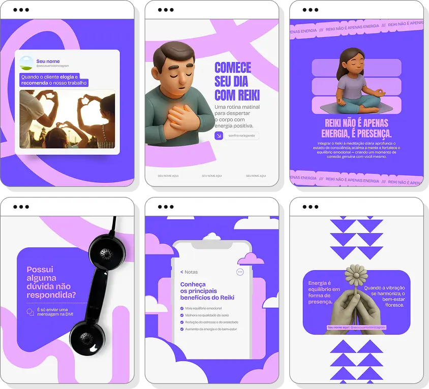 Pack de posts para Instagram reiki com artes editáveis sobre energia, equilíbrio e relaxamento