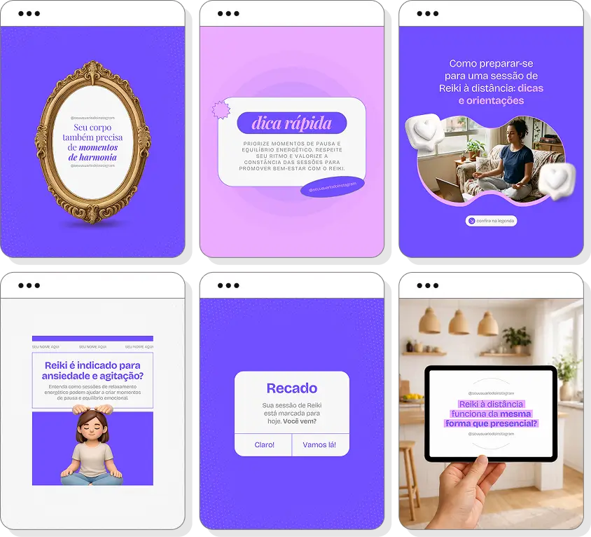 Pack Canva reiki com posts para Instagram de equilíbrio energético e qualidade de vida