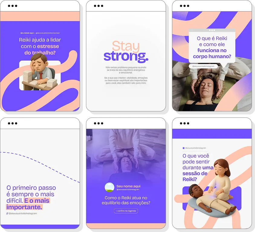 Ideias de post para reiki com pack de conteúdo para Instagram sobre energia e bem-estar