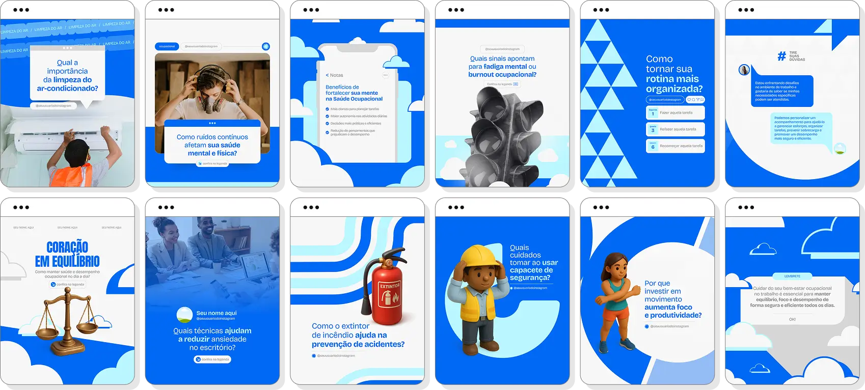 Pack de posts editáveis saúde ocupacional com foco em prevenção, ergonomia e saúde dos colaboradores