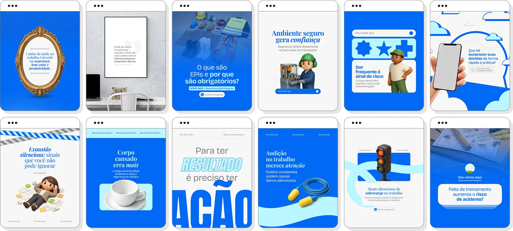 Pack Canva saúde ocupacional com ideias de posts para perfil de Instagram sobre saúde e prevenção laboral