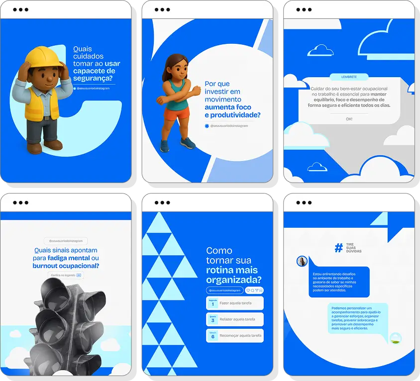 Social media saúde ocupacional com pack de posts para Instagram de segurança e bem-estar corporativo
