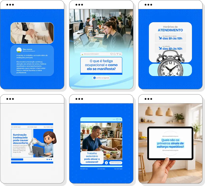 Pack social media saúde ocupacional com conteúdos para Instagram de qualidade de vida no trabalho