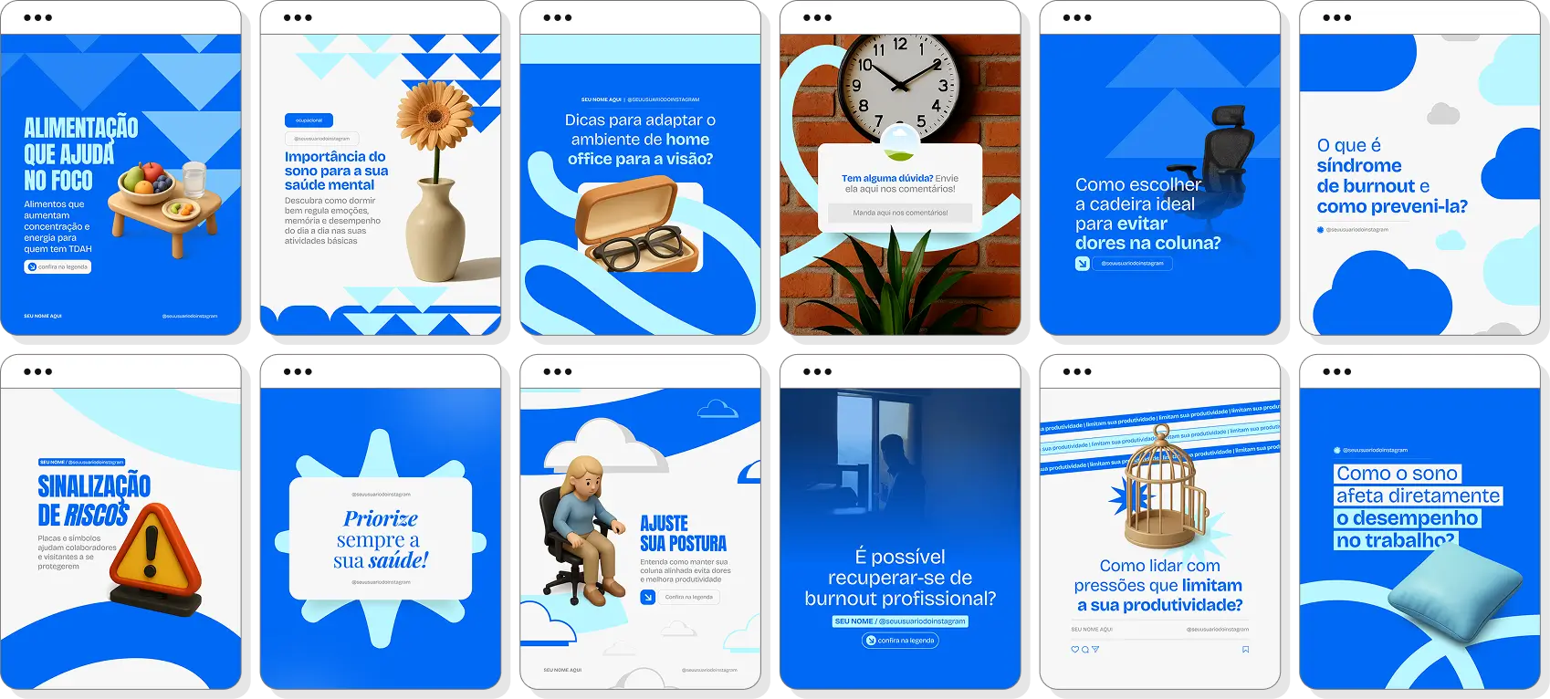 Pack de posts para Instagram saúde ocupacional com artes editáveis sobre ergonomia e prevenção laboral