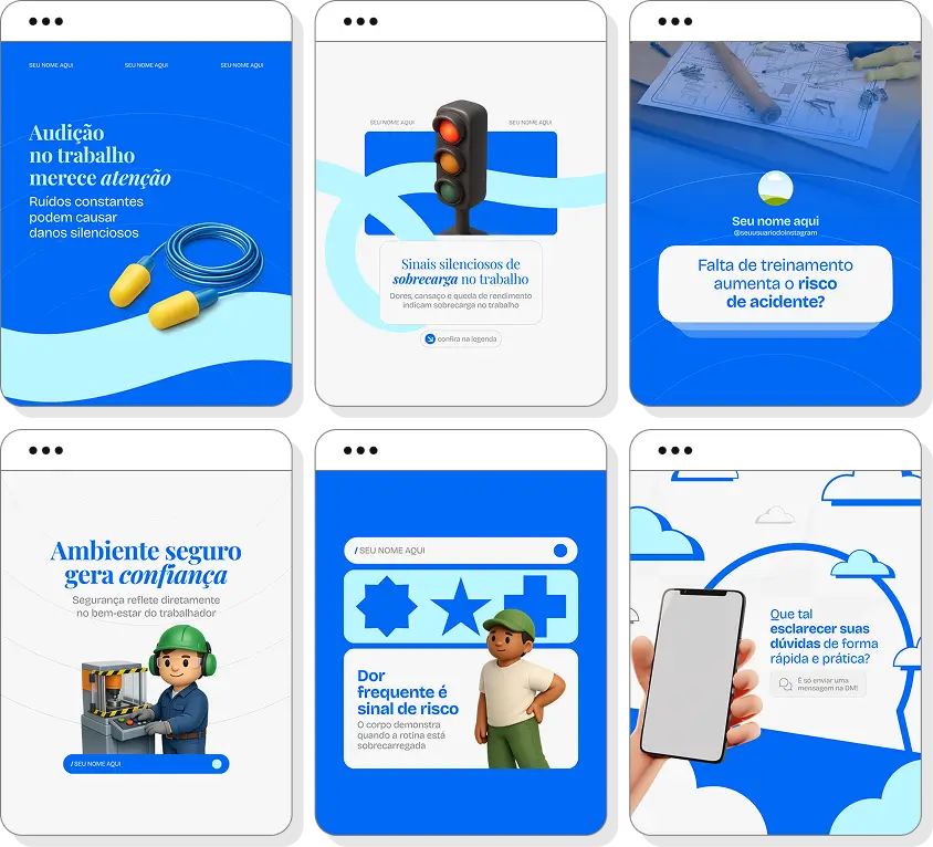 Pack Canva saúde ocupacional com posts para Instagram de prevenção de acidentes e saúde laboral