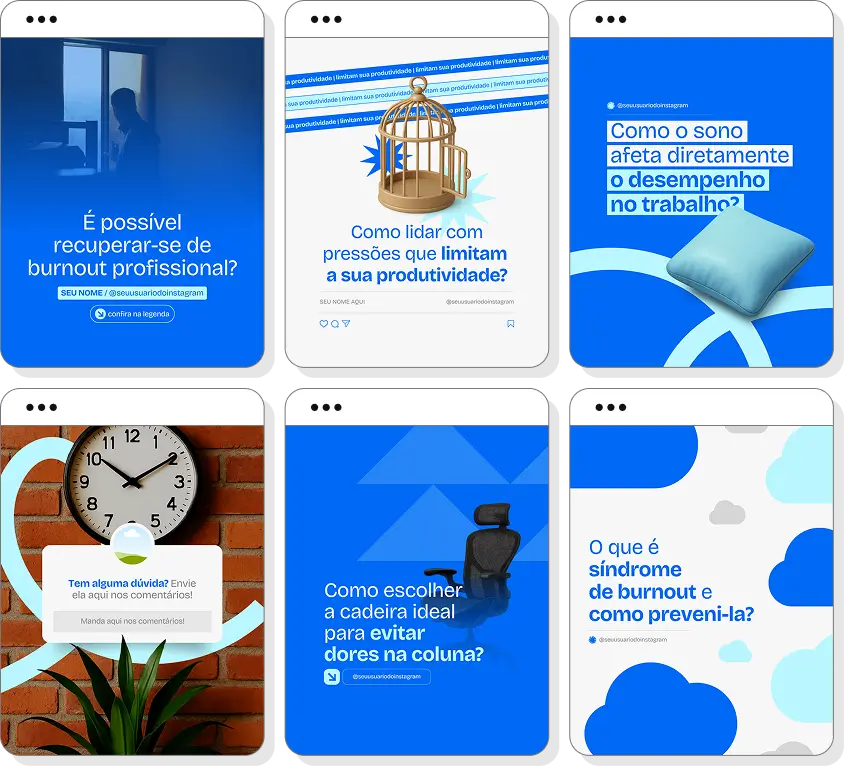 Pack de posts editáveis saúde ocupacional com Instagram de ergonomia e bem-estar dos colaboradores