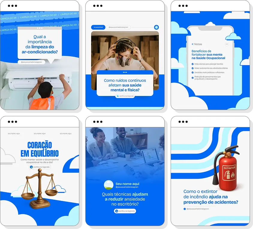 Posts para perfil de saúde ocupacional no Instagram com templates Canva sobre segurança no ambiente laboral