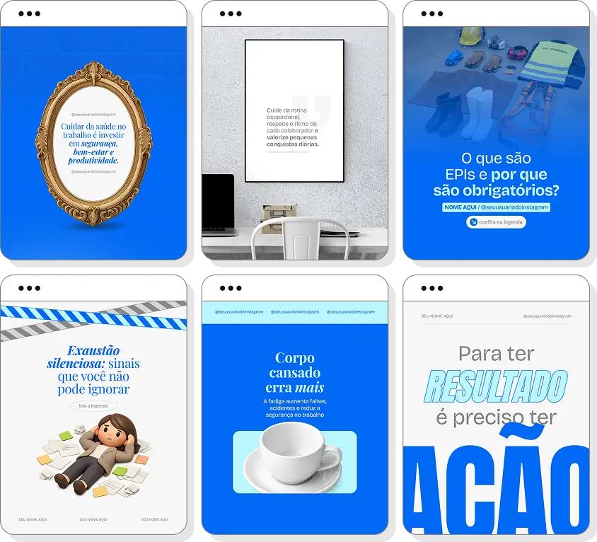 Social media para saúde ocupacional com pack de posts editáveis no Canva para Instagram profissional