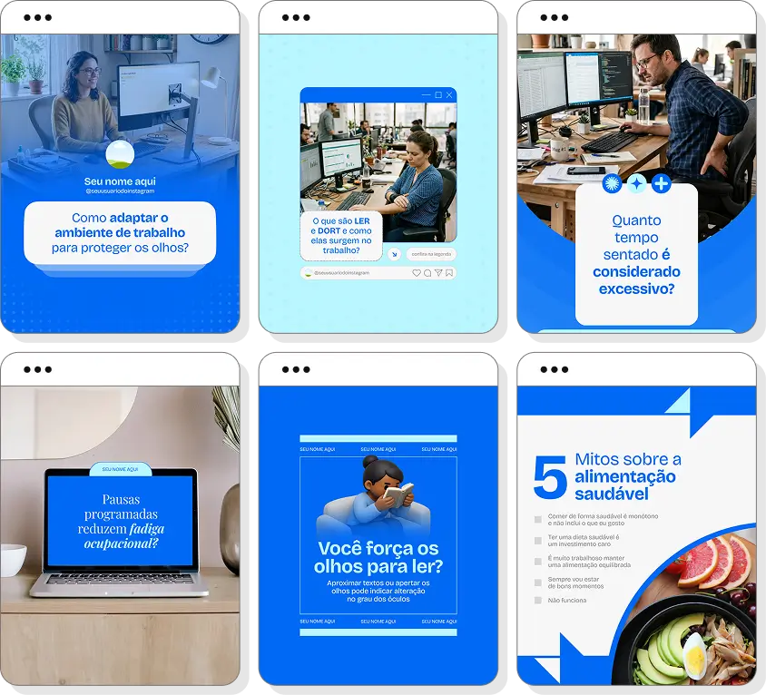Pack de saúde ocupacional com conteúdos editáveis para Instagram de saúde e segurança no trabalho