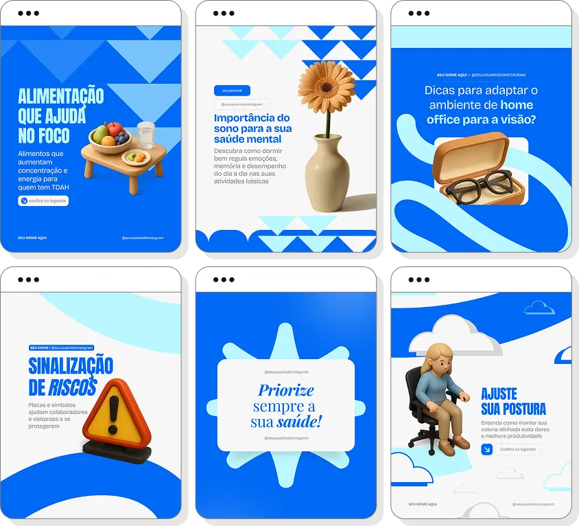 Pack Canva saúde ocupacional com posts para Instagram de ergonomia e prevenção de riscos ocupacionais