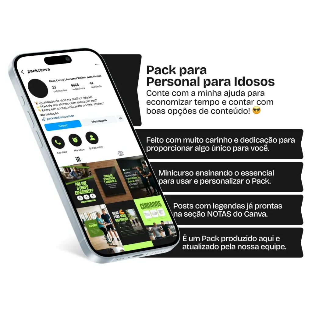 Pack Canva personal trainer para idosos com posts para Instagram de equilíbrio, força e qualidade de vida