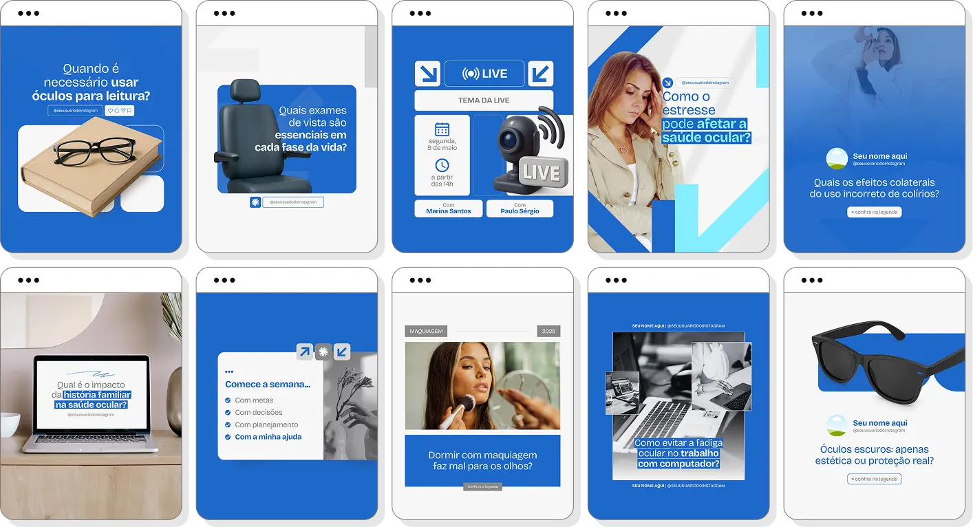 Ideias de post para oftalmologia com pack Canva de conteúdos para Instagram sobre saúde ocular