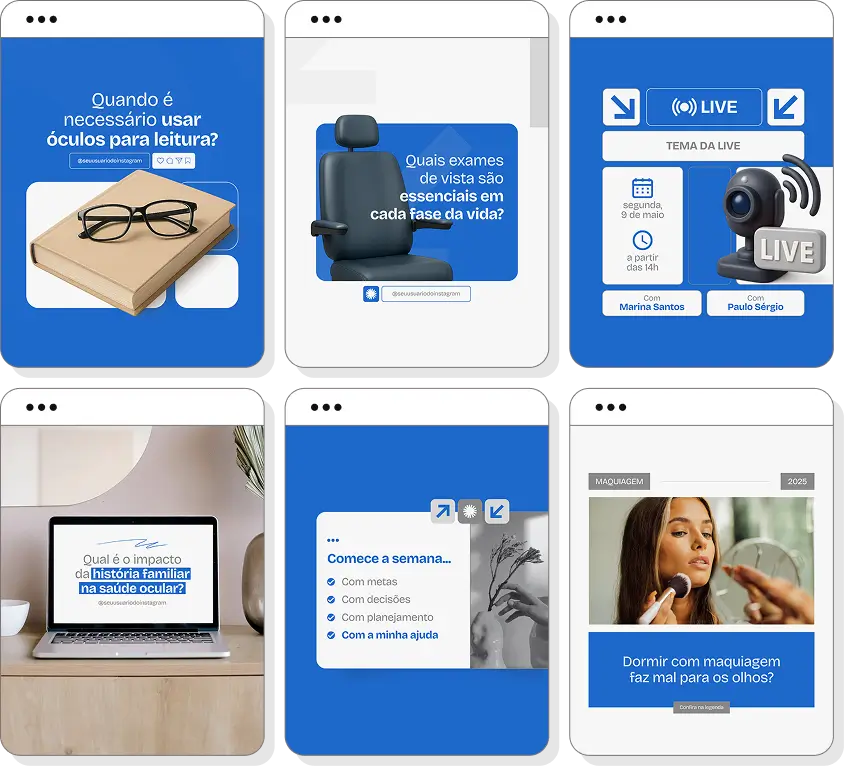 Pack Canva oftalmologia com ideias de posts para Instagram de visão e prevenção visual