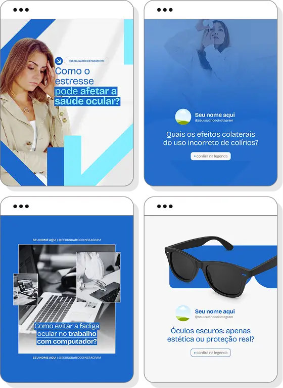 Pack de oftalmologia com posts para Instagram de saúde ocular, exames e cuidados visuais