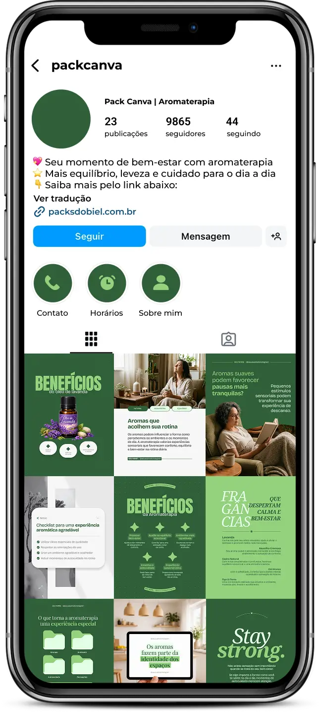 Pack Canva aromaterapia com posts para Instagram de bem-estar, óleos essenciais e equilíbrio emocional