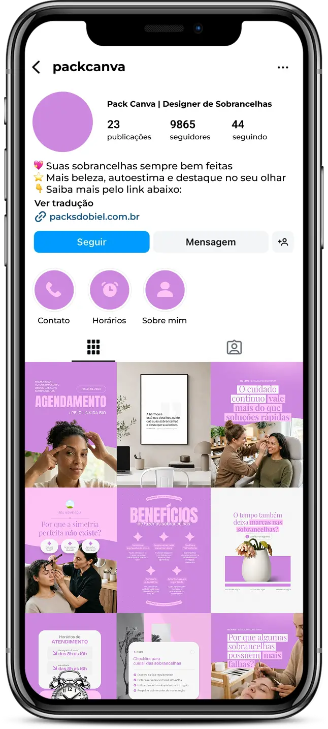Pack Canva designer de sobrancelhas com posts para Instagram de design, estética e sobrancelhas naturais