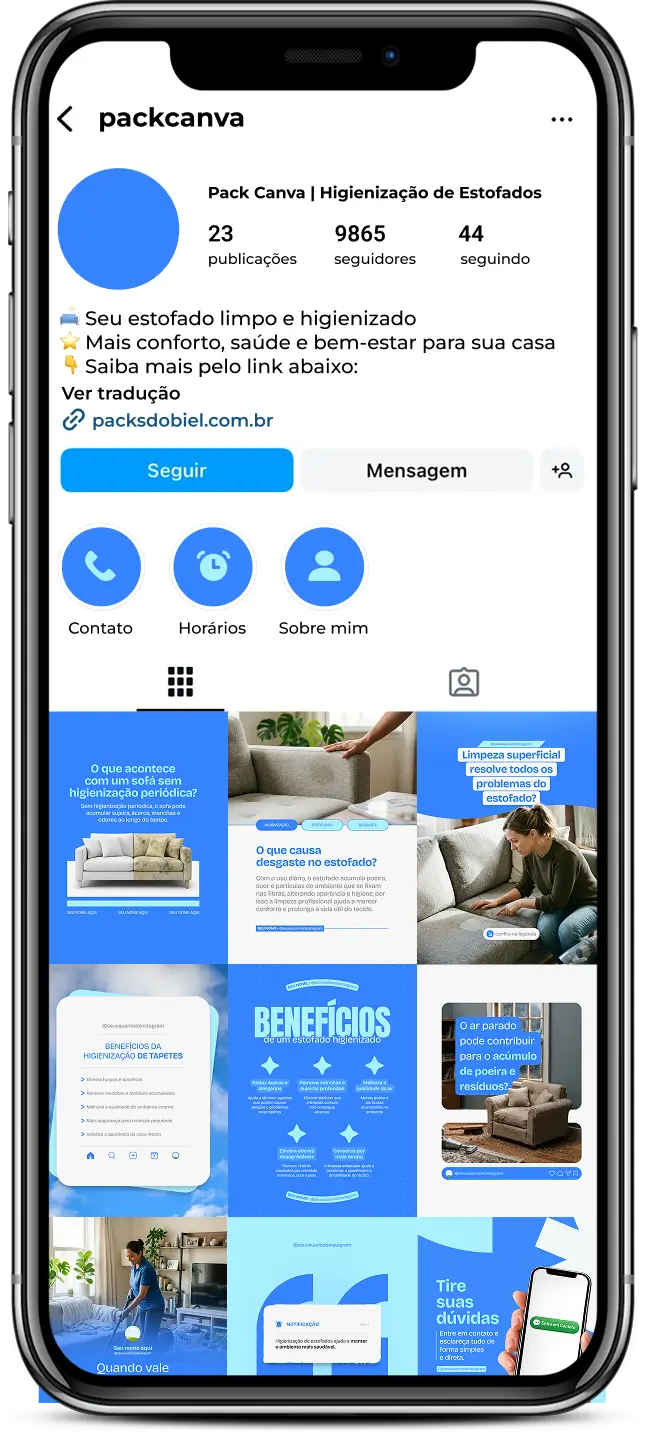 Posts para perfil de higienização de estofados no Instagram com templates Canva sobre limpeza de sofás e colchões