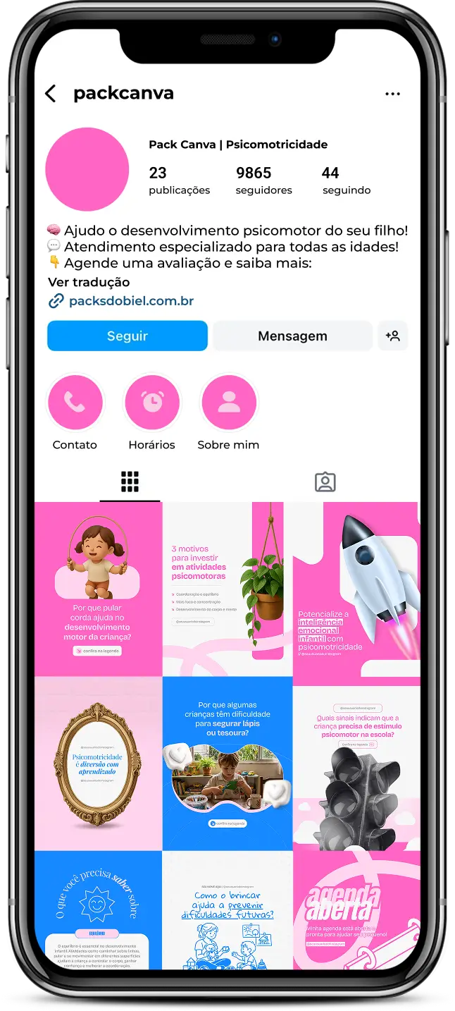 Pack de posts para psicomotricidade com templates no Canva para Instagram sobre desenvolvimento motor infantil