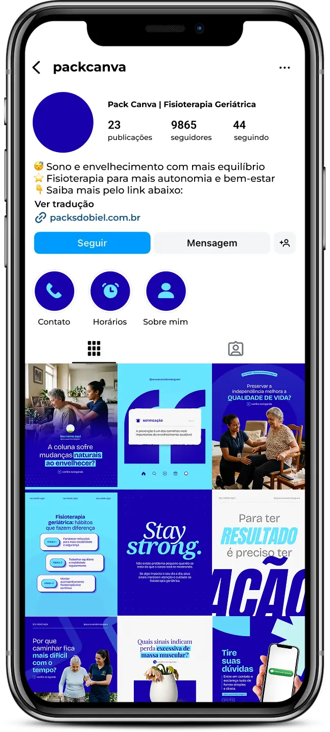 Pack de posts para Instagram fisioterapia geriátrica com artes editáveis no Canva de envelhecimento saudável