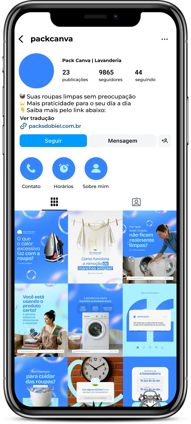 Pack de posts para Instagram lavanderia com artes editáveis no Canva sobre limpeza e cuidados têxteis