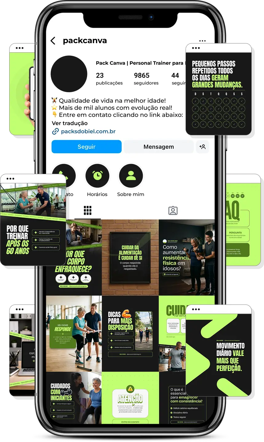 Social media para personal trainer para idosos com pack de posts editáveis no Canva para Instagram fitness