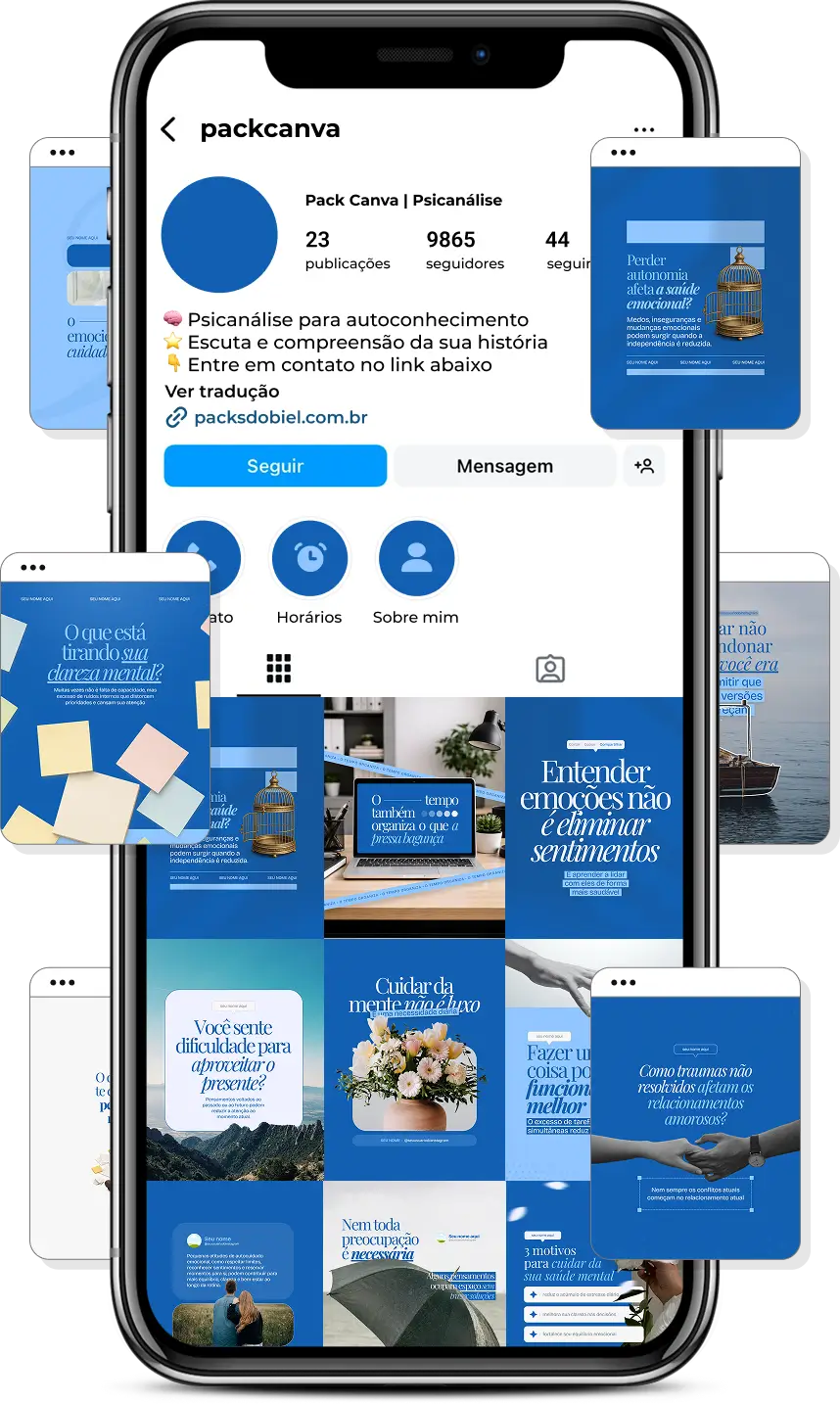 Posts para Instagram psicanálise com pack Canva editável sobre inconsciente e terapia