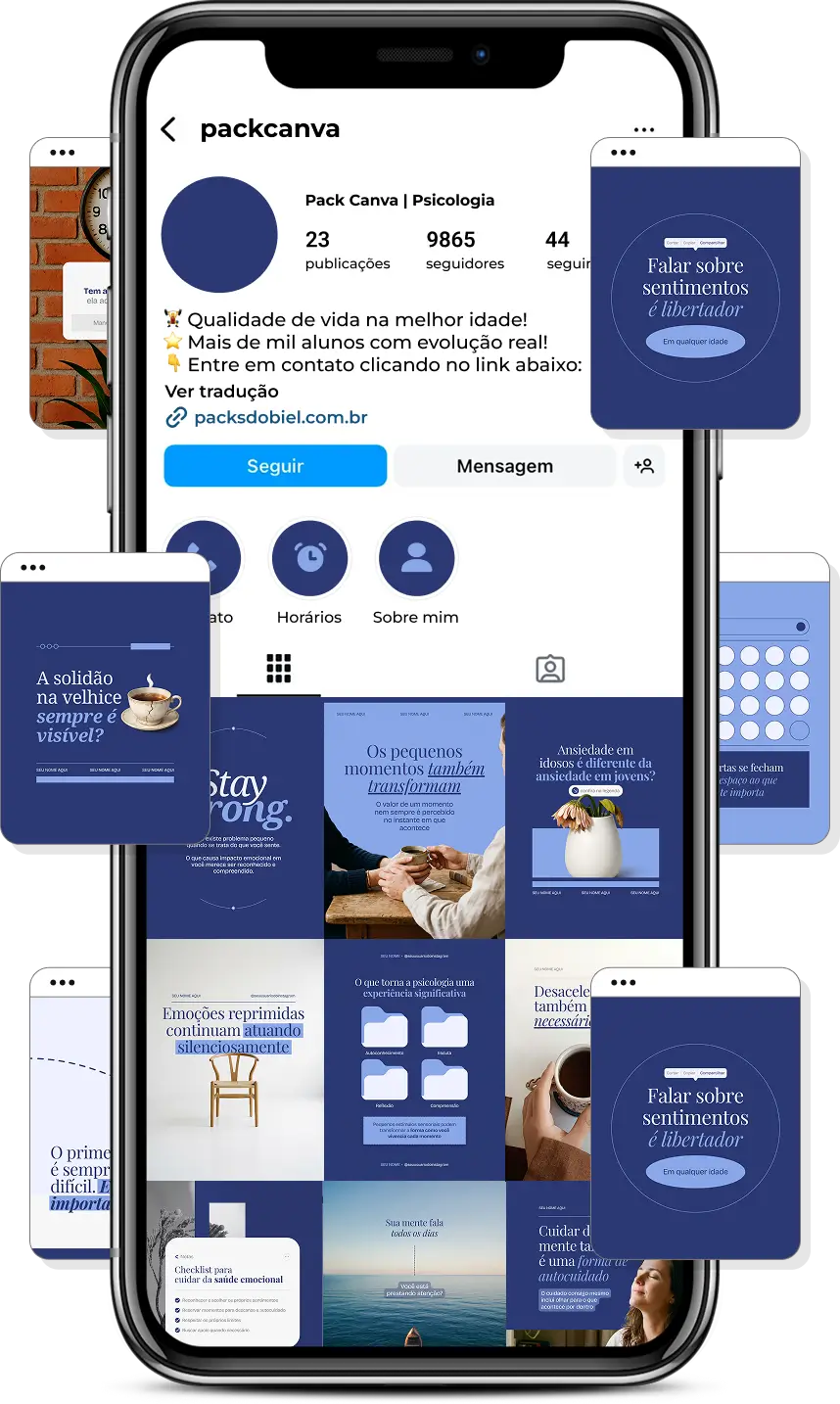 Pack Canva psicologia com posts para Instagram de autoconhecimento, emoções e bem-estar