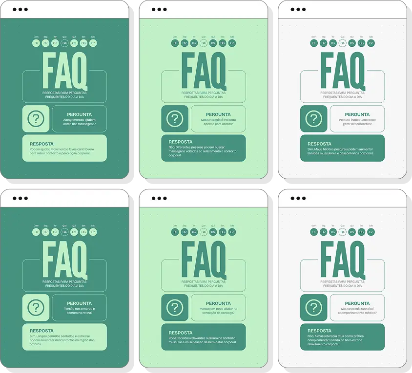 Pack Canva massoterapia com ideias de posts para perfil de Instagram sobre relaxamento e autocuidado