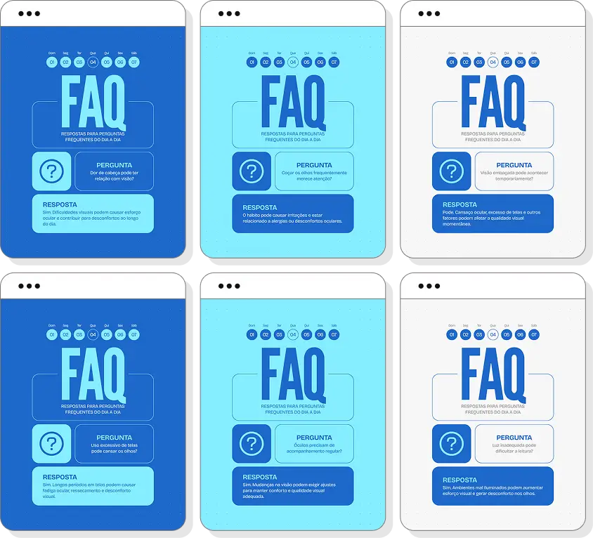 Posts para oftalmologia com pack de conteúdo editável no Canva para Instagram de saúde visual